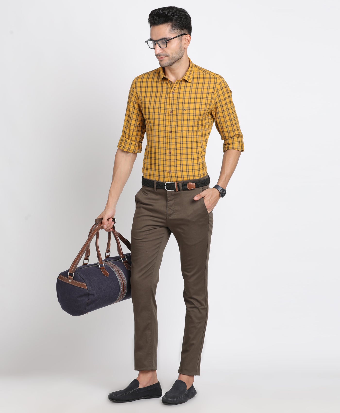 Cotton Lyocell Yellow Checkered Slim Fit Full Sleeve Casual Shirt