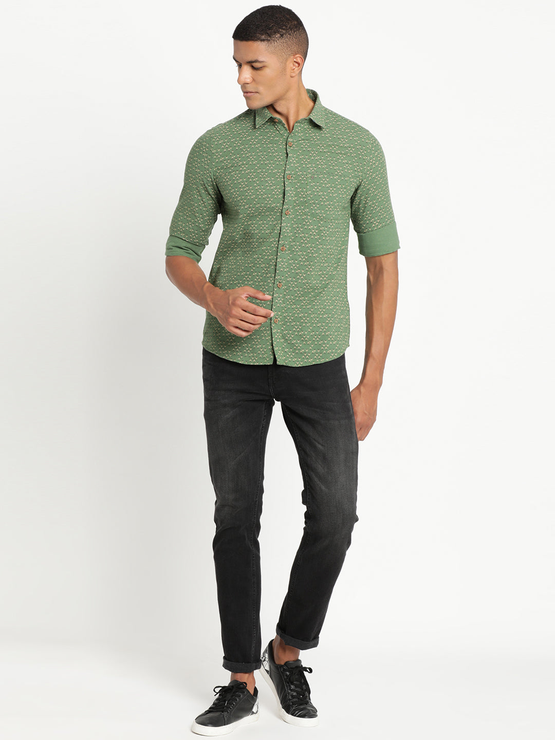 Khadi Dark Green Printed Slim Fit Full Sleeve Casual Shirt