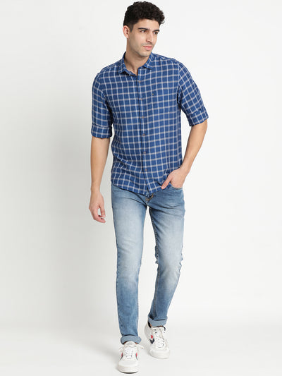 Cotton Linen Blue Checkered Slim Fit Full Sleeve Casual Shirt