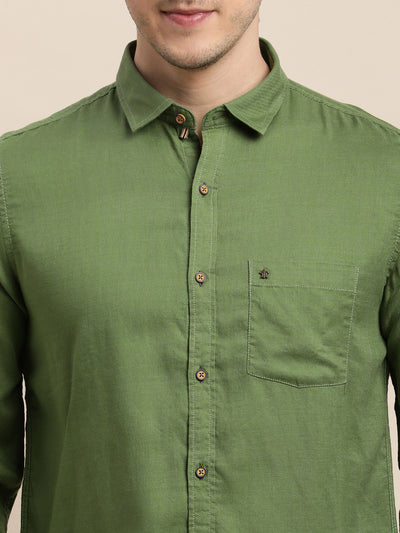 Cotton Lyocell Olive Plain Slim Fit Full Sleeve Casual Shirt