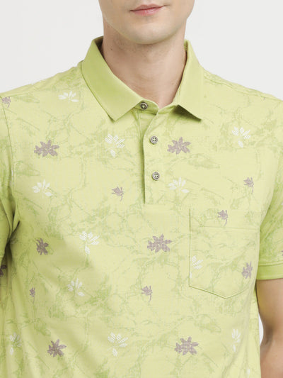 Poly Cotton Stretch Lime Green Printed Polo Neck Half Sleeve Casual T-Shirt