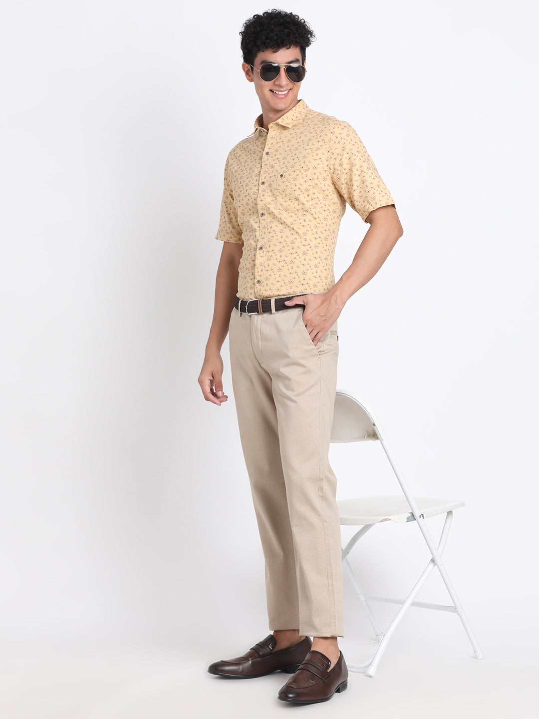 Cotton Stretch Beige Printed Ultra Slim Fit Flat Front Casual Trouser