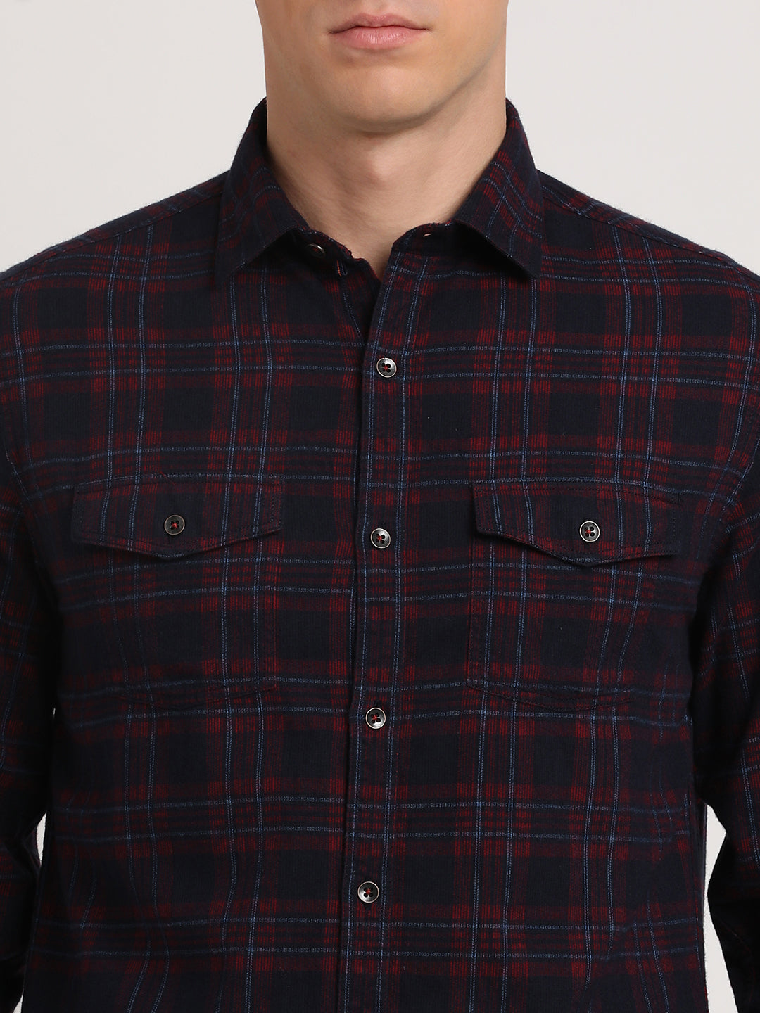 100% Cotton Dark Blue Checkered Slim Fit Full Sleeve Casual Shirt