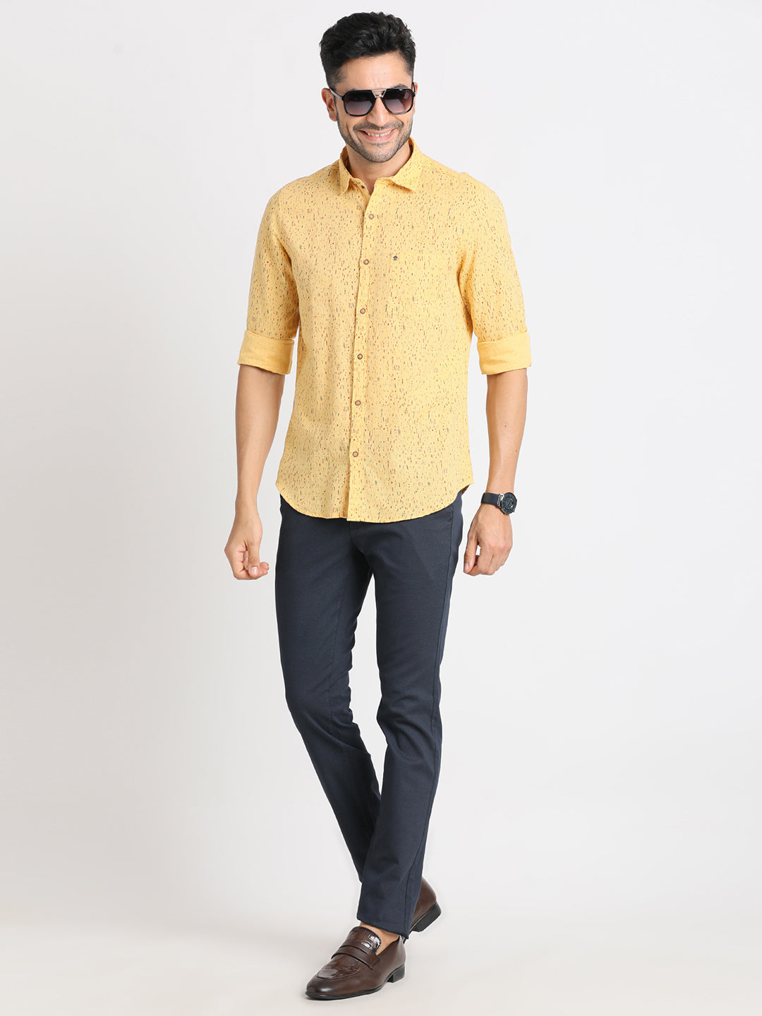 Cotton Linen Yellow Printed Slim Fit Full Sleeve Casual Shirt