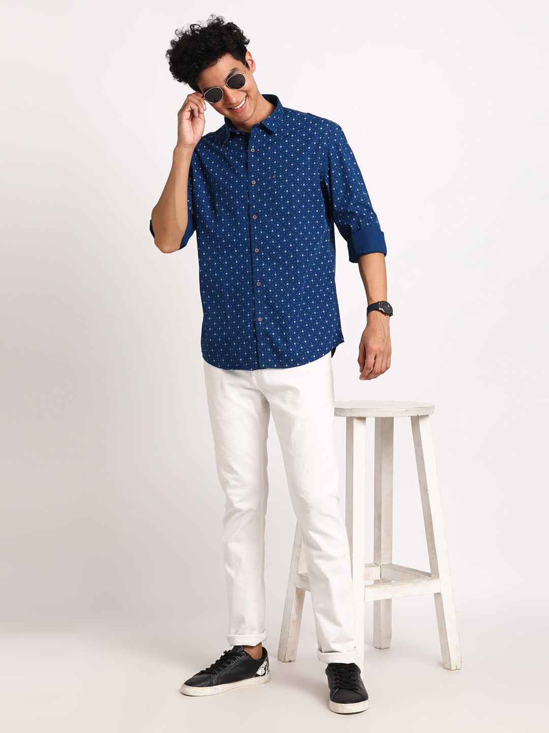 100% Cotton Blue Printed Slim Fit Full Sleeve Casual Shirt