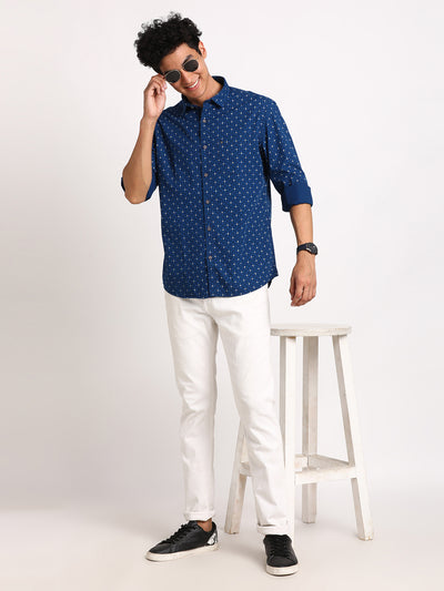 100% Cotton Blue Printed Slim Fit Full Sleeve Casual Shirt