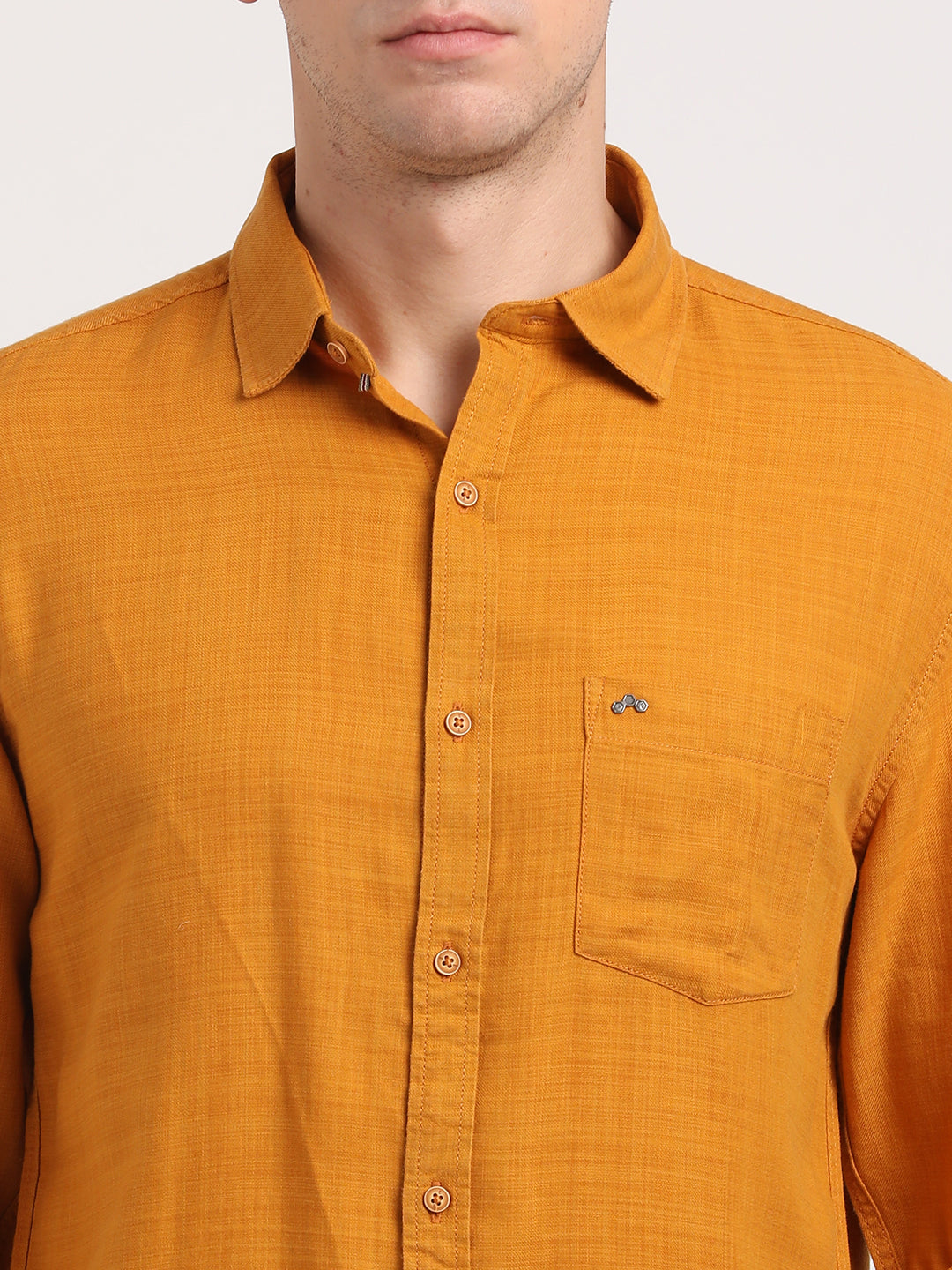 Cotton Lyocell Mustard Plain Slim Fit Full Sleeve Casual Shirt