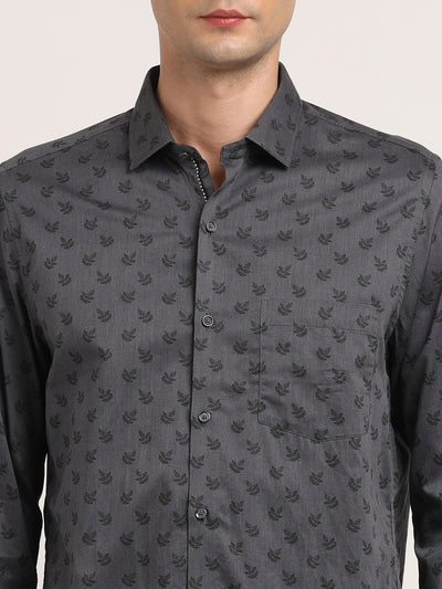 100% Cotton Charcoal Grey Printed Slim Fit Full Sleeve Ceremonial Shirt