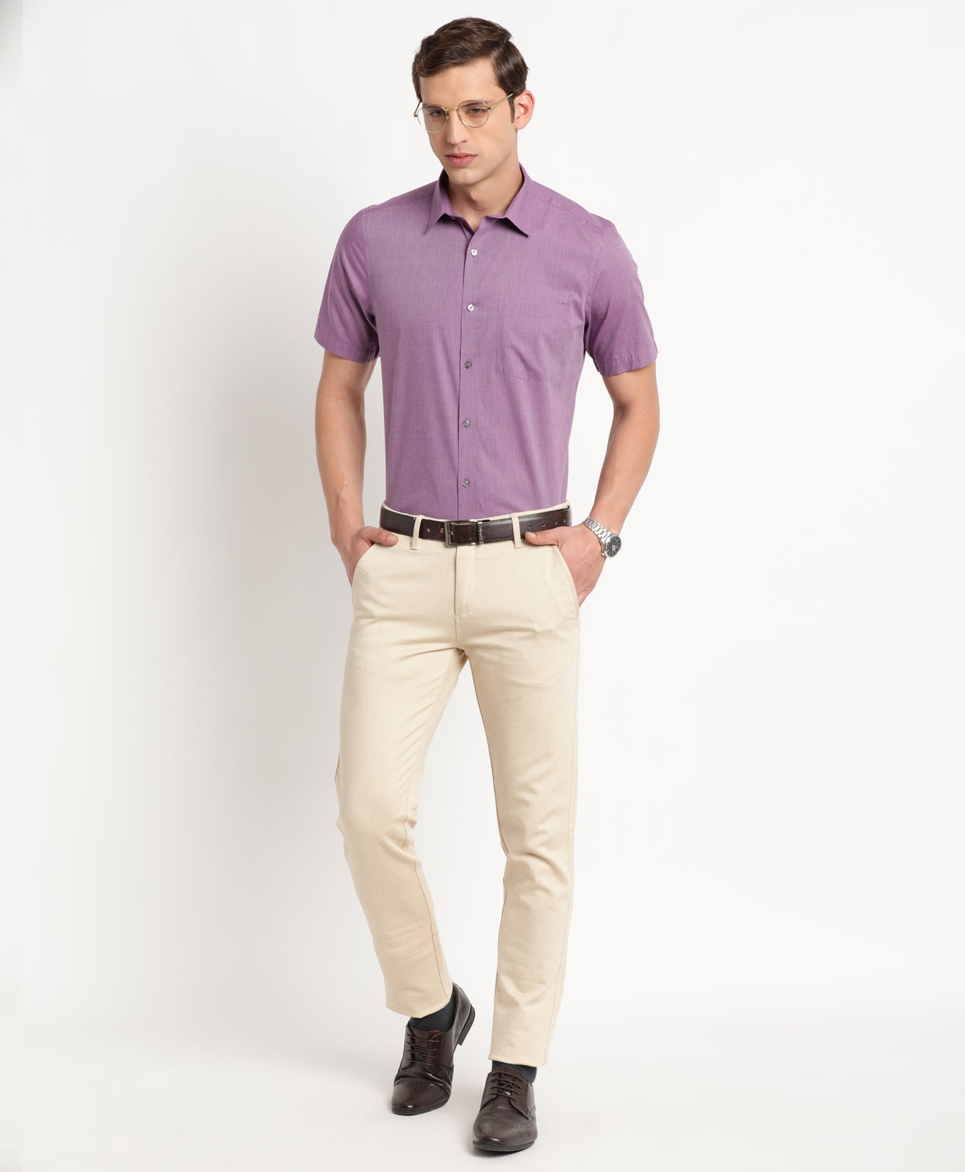 100% Cotton Purple Plain Regular Fit Half Sleeve Formal Shirt