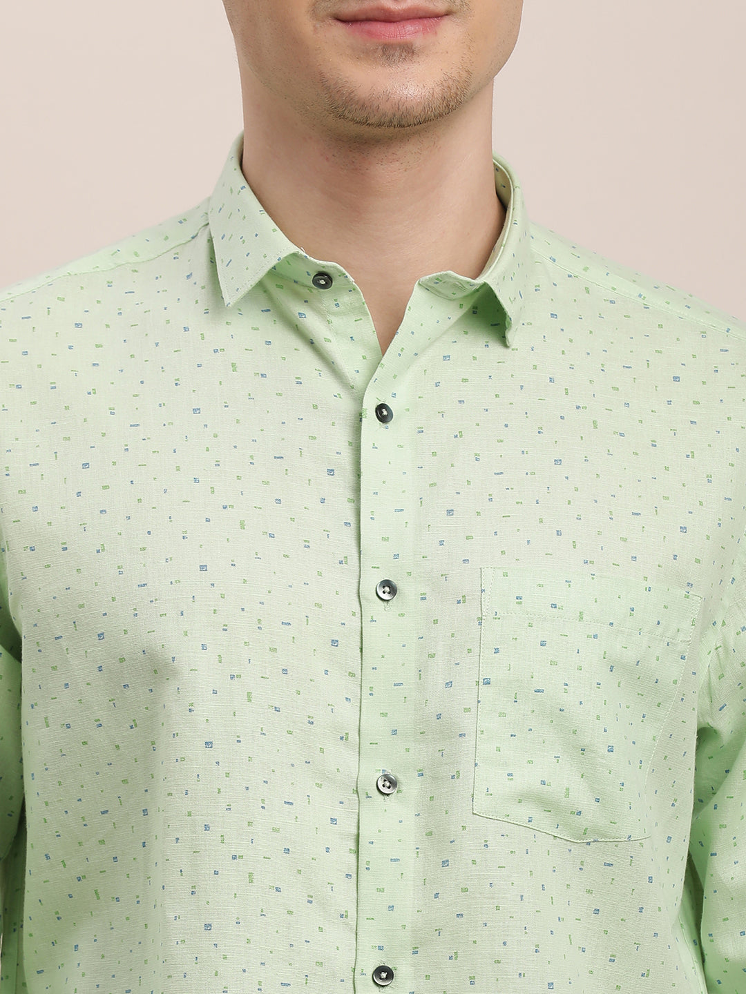 Cotton Linen Pista Green Printed Regular Fit Full Sleeve Formal Shirt