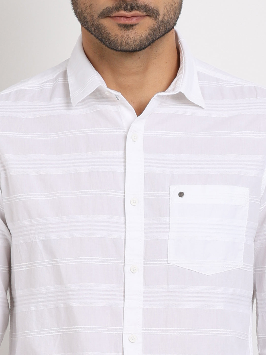 100% Cotton White Striped Slim Fit Full Sleeve Casual Shirt