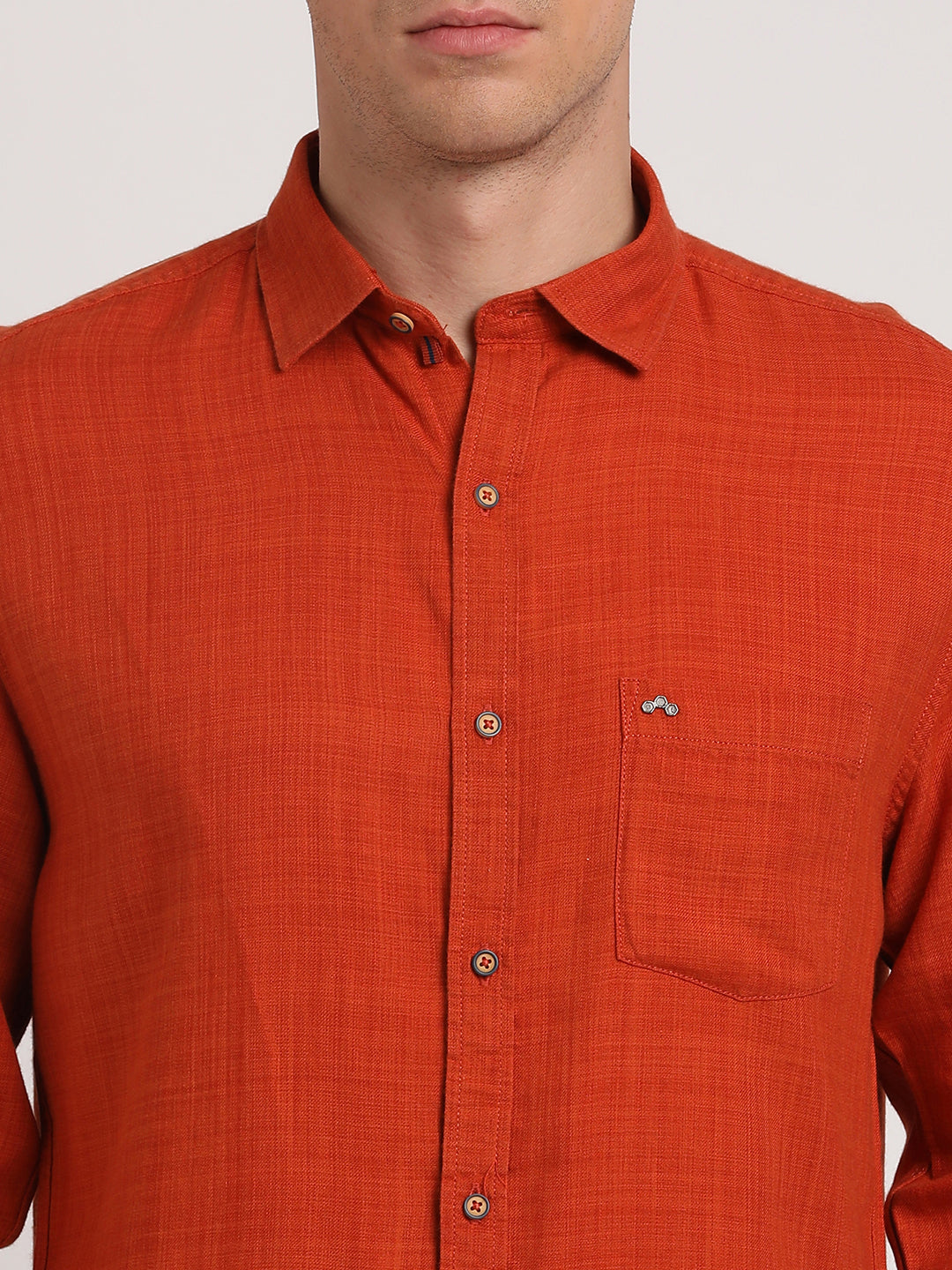 Cotton Lyocell Orange Plain Slim Fit Full Sleeve Casual Shirt