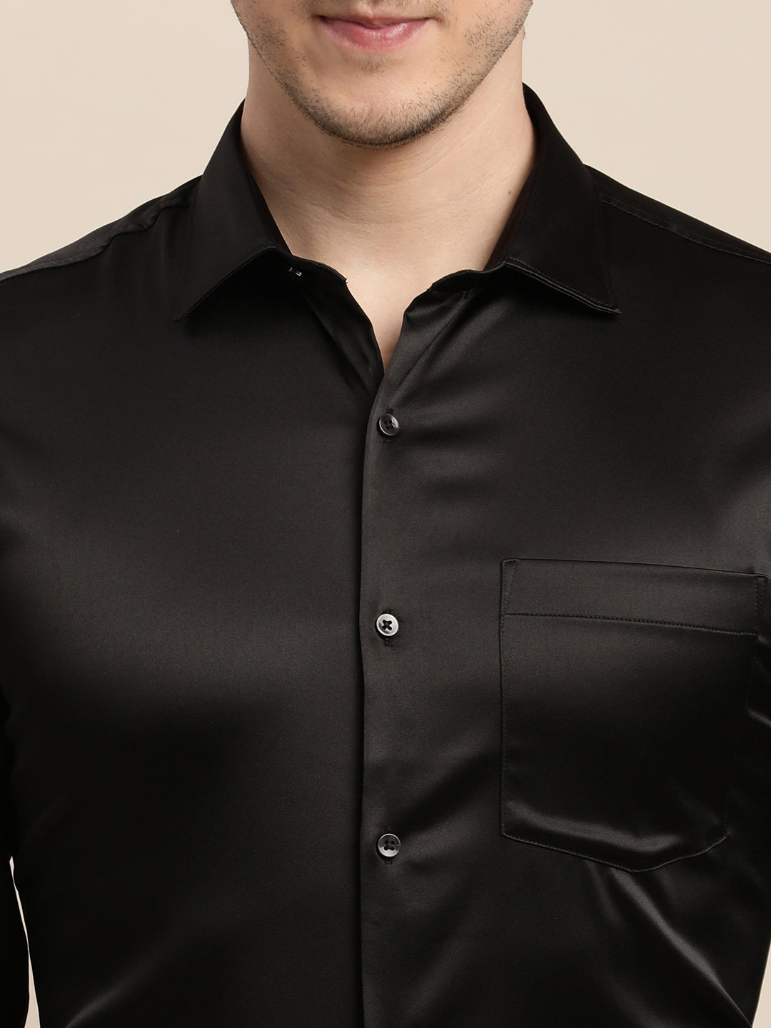 Poly Satin Black Plain Slim Fit Full Sleeve Ceremonial Shirt