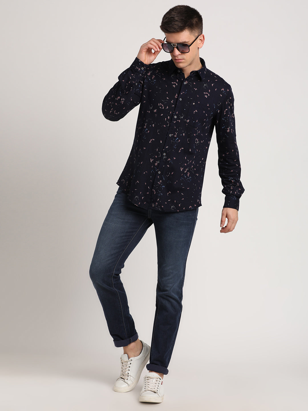 100% Cotton Navy Blue Printed Slim Fit Full Sleeve Casual Shirt