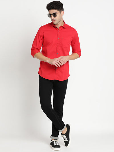 Cotton Red Printed Slim Fit Full Sleeve Casual Shirt