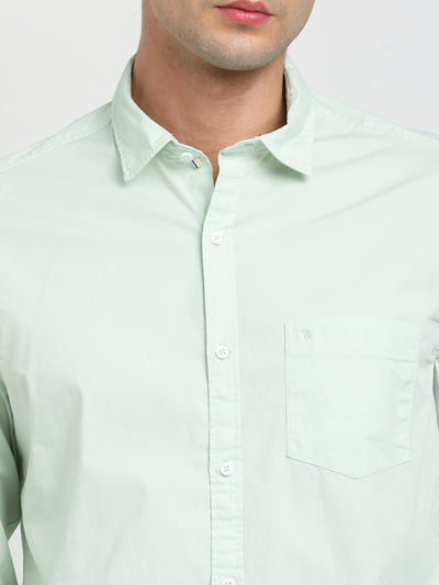 Cotton Stretch Pista Green Plain Slim Fit Full Sleeve Casual Shirt