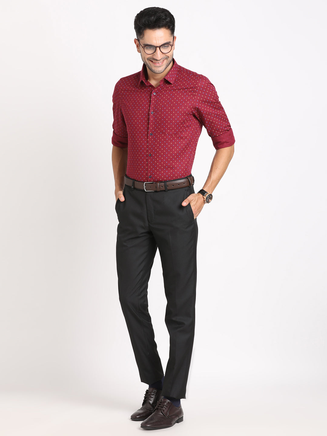 Cotton Linen Maroon Printed Slim Fit Full Sleeve Formal Shirt