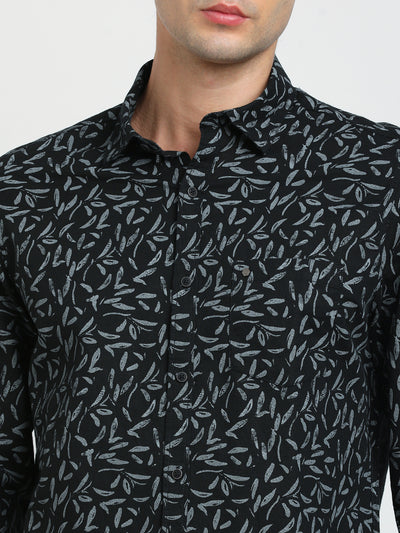 Cotton Linen Black Printed Slim Fit Full Sleeve Casual Shirt