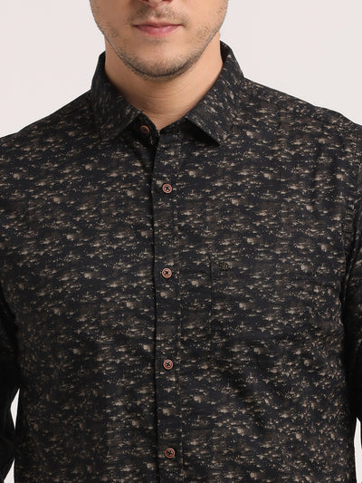 Cotton Linen Black Printed Slim Fit Full Sleeve Casual Shirt