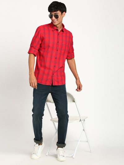 100% Cotton Red Checkered Slim Fit Full Sleeve Casual Shirt