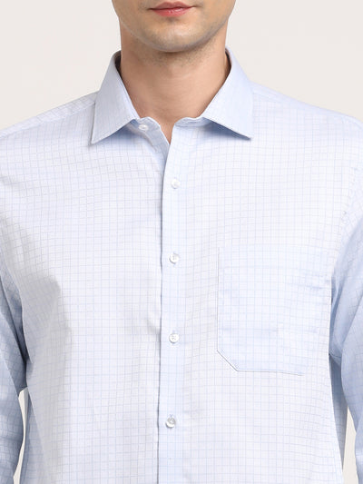 100% Cotton Light Blue Checkered Slim Fit Full Sleeve Formal Shirt