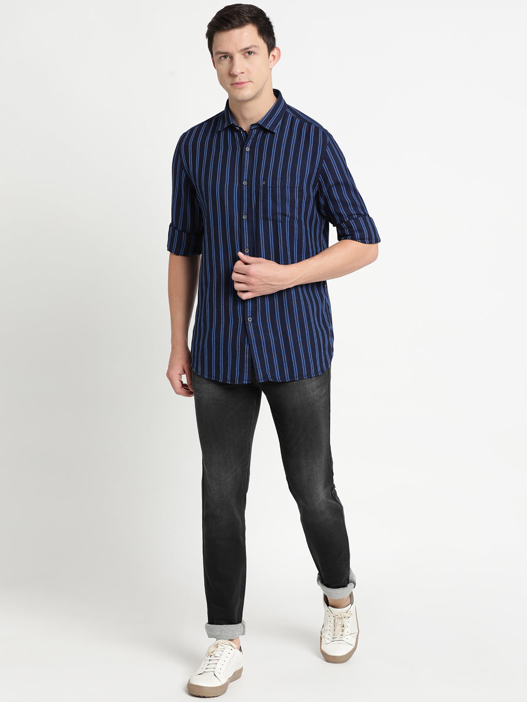 100% Cotton Indigo Navy Blue Striped Slim Fit Full Sleeve Casual Shirt