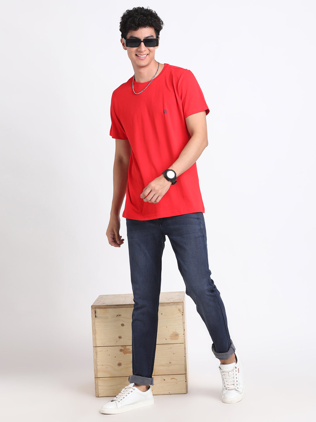 Essential 100% Cotton Red Solid Round Neck Half Sleeve Casual T-Shirt