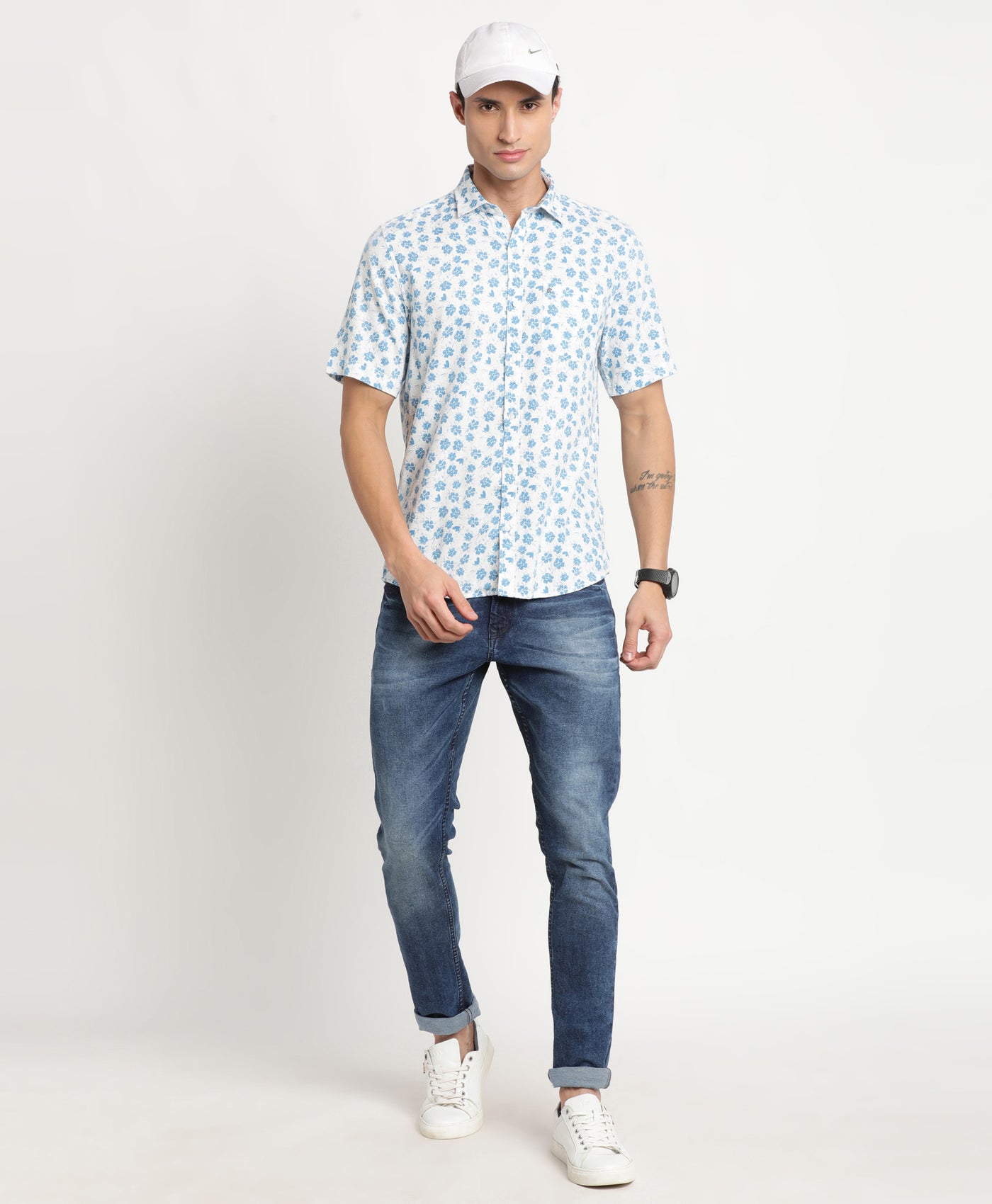 Excel Linen White Printed Slim Fit Half Sleeve Casual Shirt