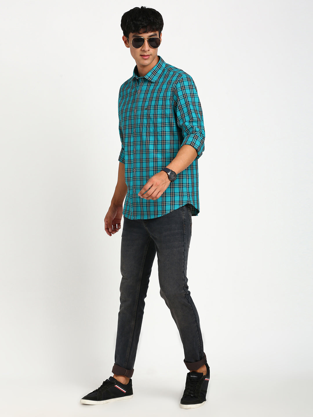 100% Cotton Turquoise Blue Checkered Slim Fit Full Sleeve Casual Shirt