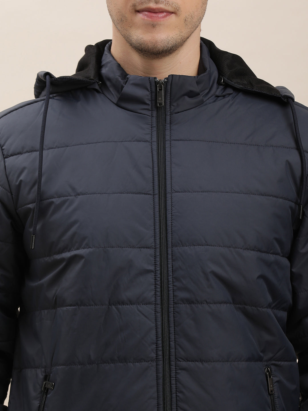 Nylon Solid Navy Zipper Hooded Windcheater Jacket