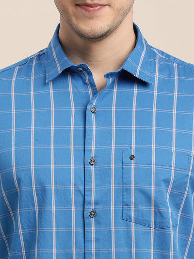 100% Cotton Blue Checkered Slim Fit Full Sleeve Casual Shirt