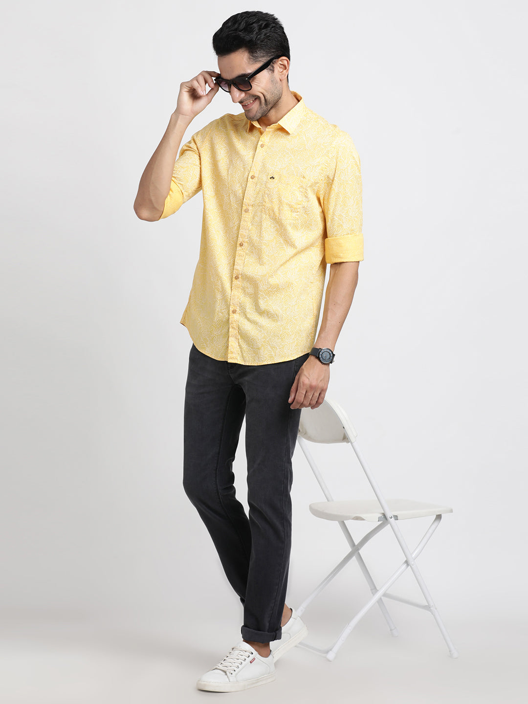 100% Cotton Yellow Printed Slim Fit Full Sleeve Casual Shirt