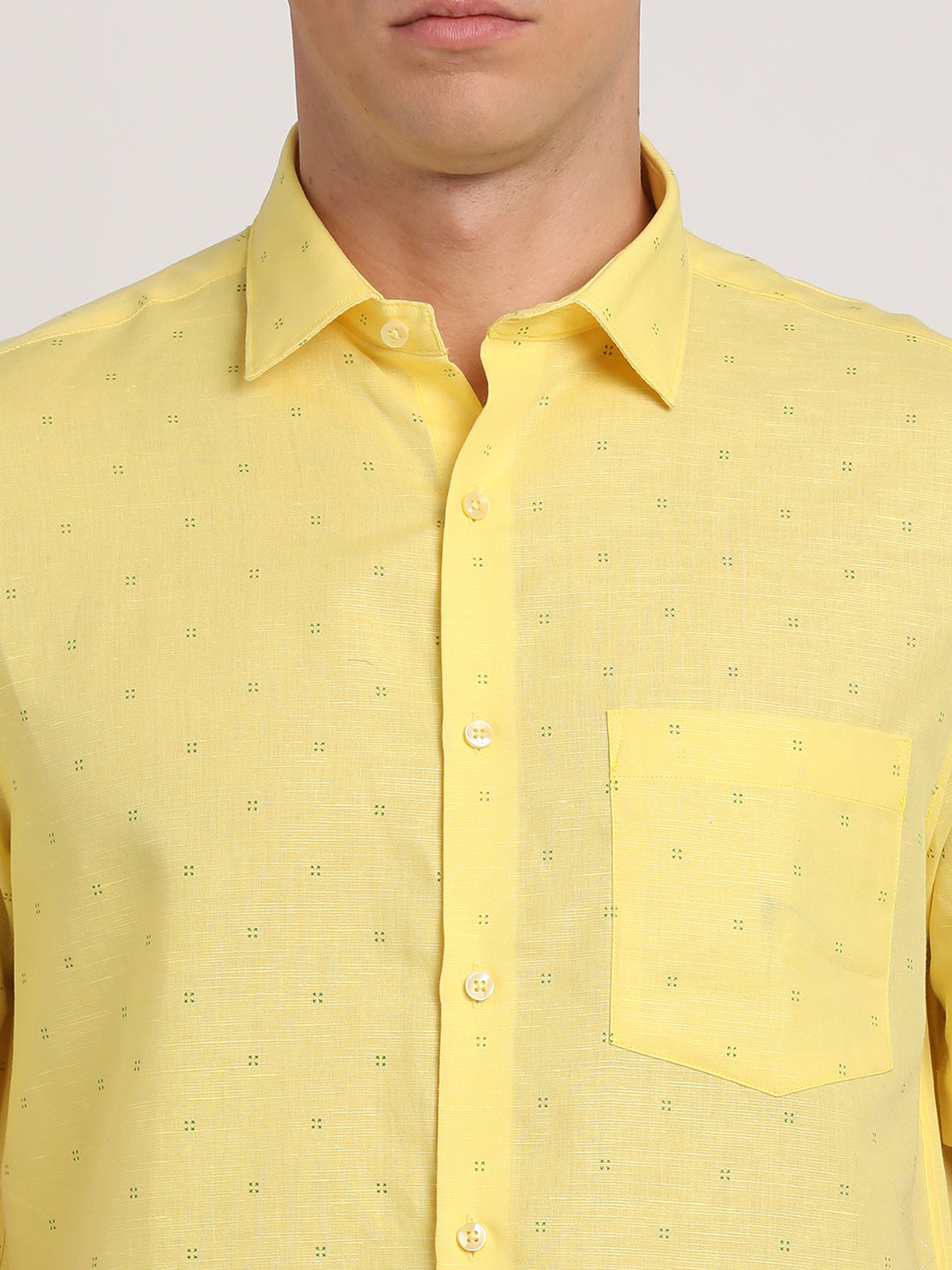 Cotton Linen Lemon Yellow Printed Regular Fit Half Sleeve Formal Shirt