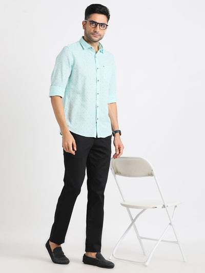 Cotton Linen Sea Green Printed Slim Fit Full Sleeve Casual Shirt