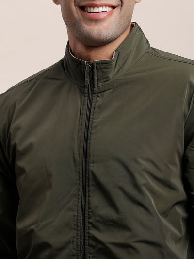 Knitted Solid Green & Grey Zipper Reversible Windcheater Jacket