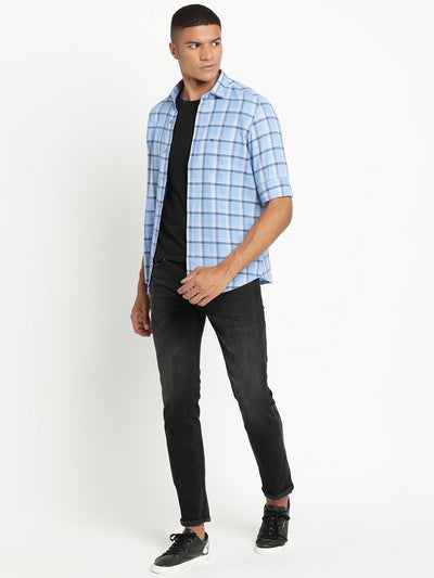 Cotton Melange Sky Blue Checkered Slim Fit Full Sleeve Casual Shirt