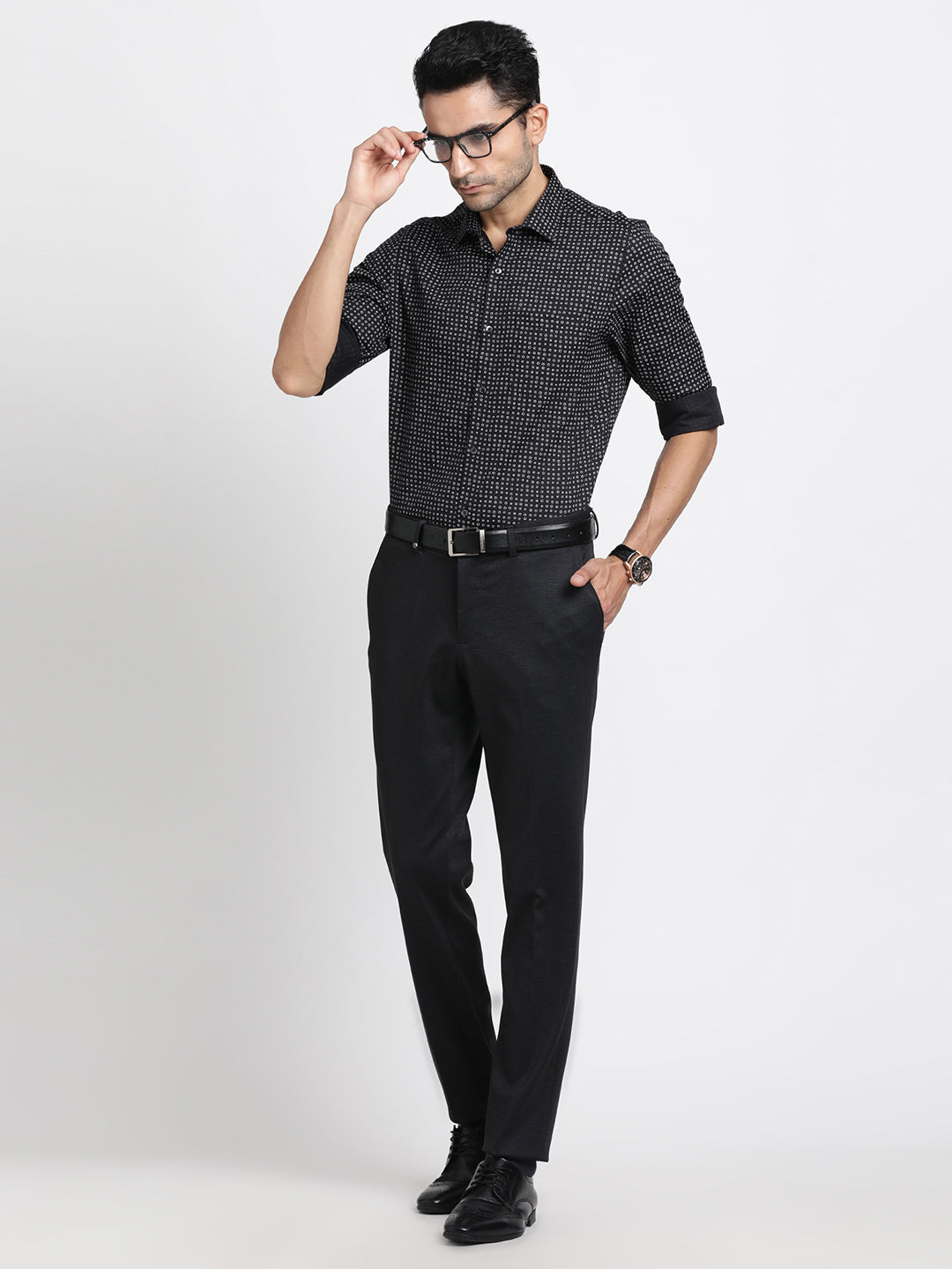 Cotton Tencel Black Printed Slim Fit Full Sleeve Formal Shirt