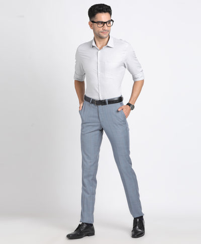 Terry Rayon Grey Checkered Slim Fit Flat Front Formal Trouser