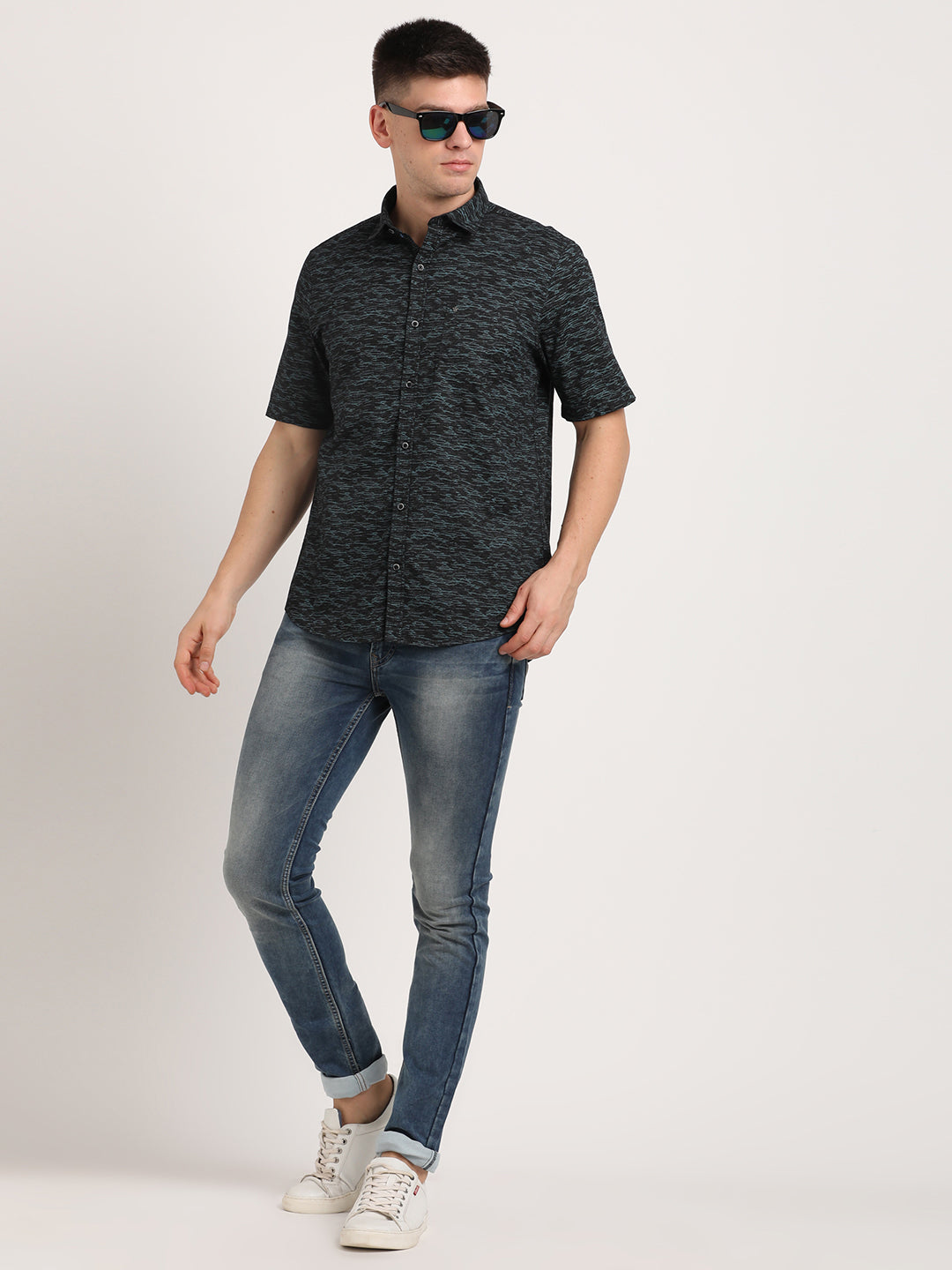 100% Cotton Navy Blue Printed Slim Fit Half Sleeve Casual Shirt