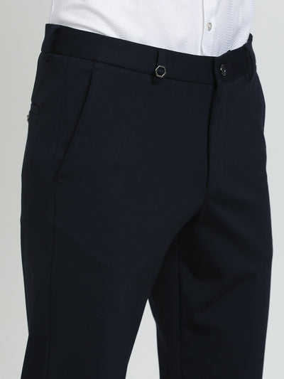 Cotton Blue Plain Slim Fit Flat Front Ceremonial Trouser