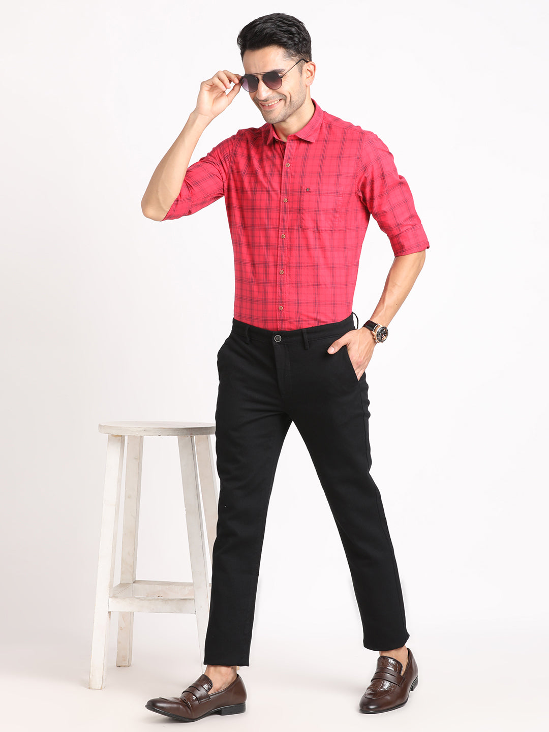 100% Cotton Red Checkered Slim Fit Full Sleeve Casual Shirt