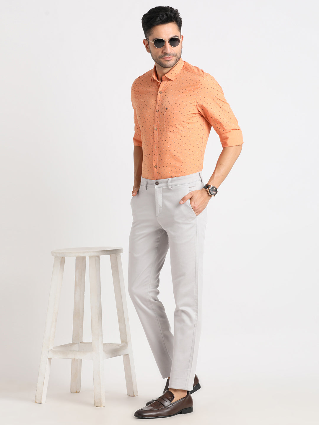 100% Cotton Orange Printed Slim Fit Full Sleeve Casual Shirt