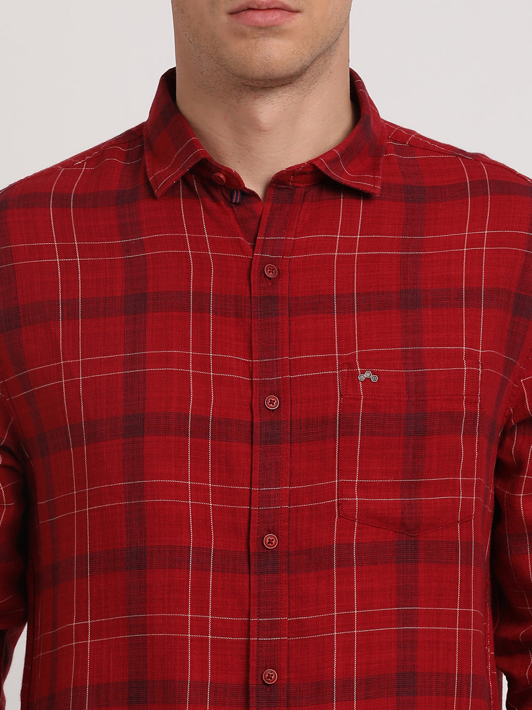 Cotton Lyocell Red Checkered Slim Fit Full Sleeve Casual Shirt