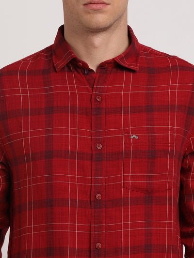 Cotton Lyocell Red Checkered Slim Fit Full Sleeve Casual Shirt