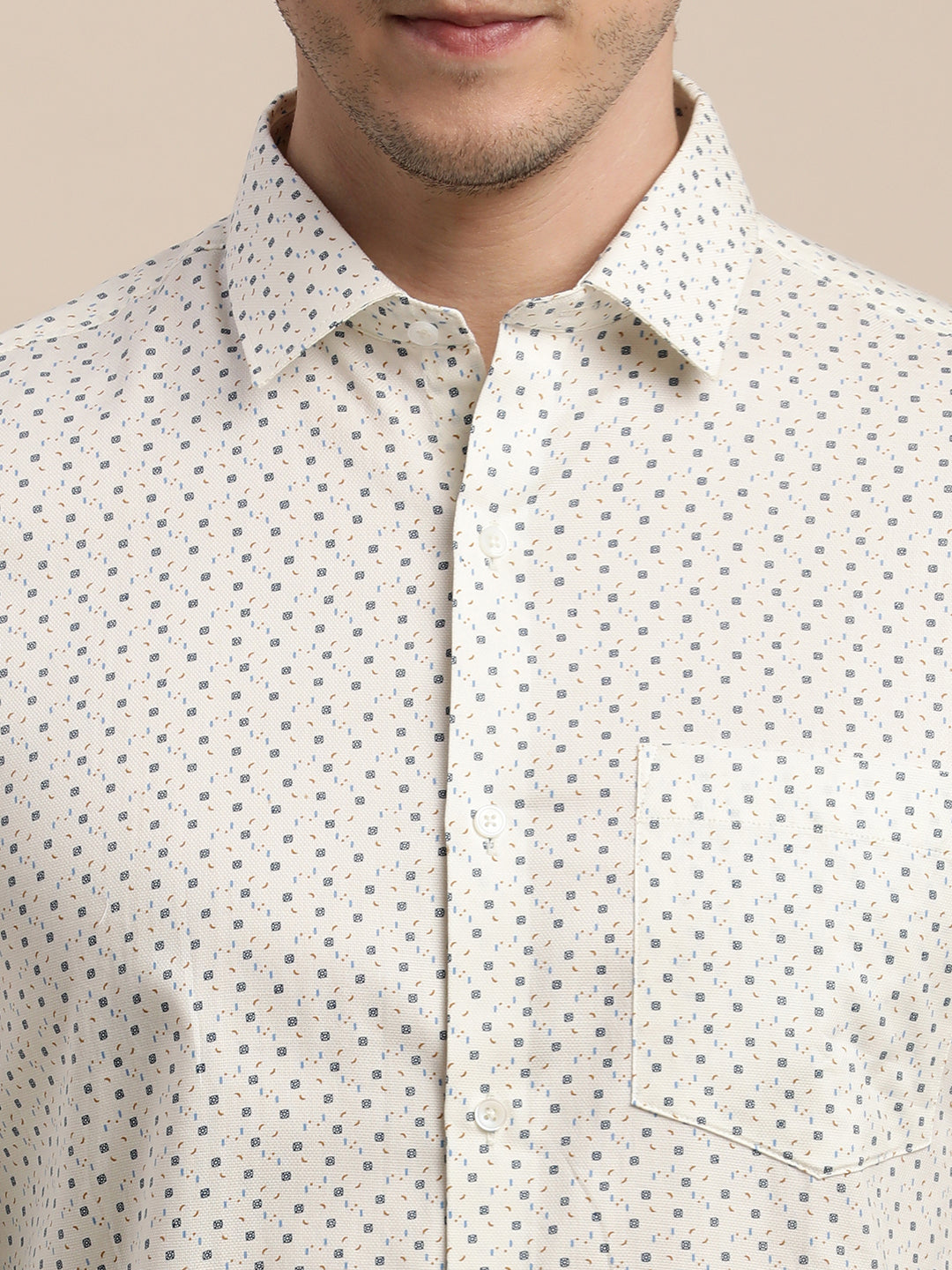 100% Cotton Cream Printed Slim Fit Full Sleeve Formal Shirt