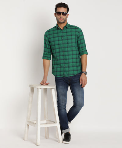 100% Cotton Green Checkered Slim Fit Full Sleeve Casual Shirt