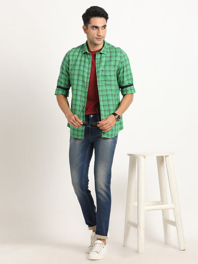 Cotton Viscose Green Checkered Slim Fit Full Sleeve Casual Shirt