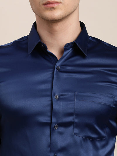 Poly Satin Blue Plain Regular Fit Full Sleeve Ceremonial Shirt