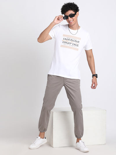 Cotton Stretch Grey Plain Jogger Flat Front Casual Trouser