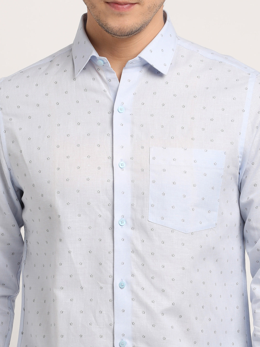 Cotton Linen Light Blue Printed Slim Fit Full Sleeve Formal Shirt